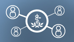 Diagram of four people symbols connected to a central medical logo symbol