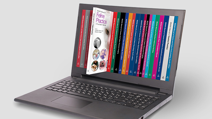 Computer showing the spines of a series of BSAVA published books in a digital library. A book is protruding from the screen, as though it has been pulled out by the owner