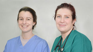 Two vets smiling at the camera. One wearing blue scrubs, the other wearing green scrubs and a stethoscope.