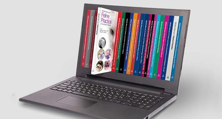 Computer showing the spines of a series of BSAVA published books in a digital library. A book is protruding from the screen, as though it has been pulled out by the owner