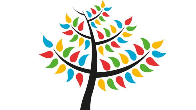 Volunteers logo - graphic design of a tree with multi-coloured leaves