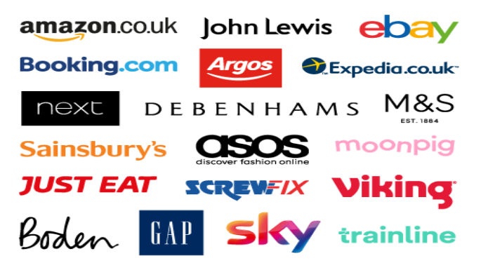 Easyfundraising logo - various retail store logos - Amazon, eBay, Sky, GAP, John Lewis, Argos