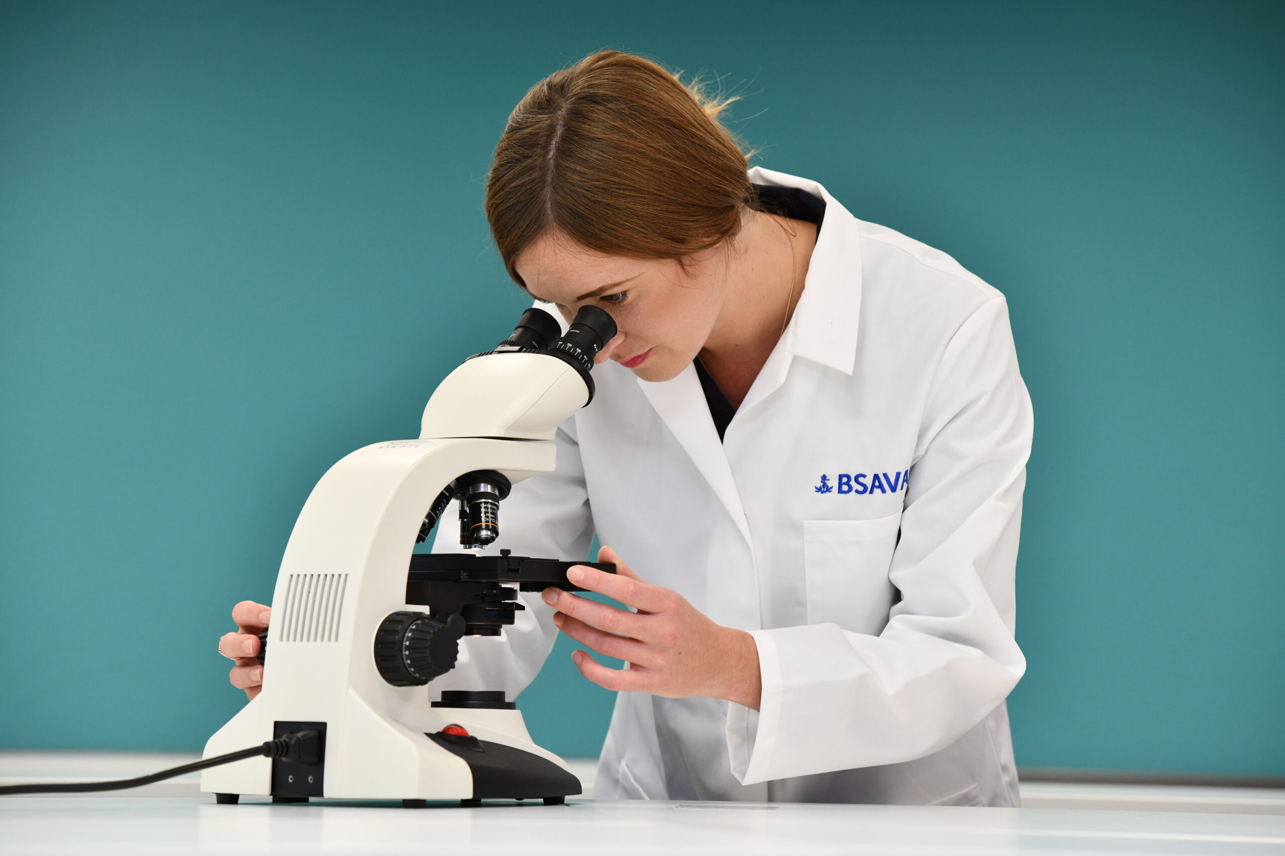 Scientist wearing a BSAVA labcoat, analysing a sample on a microscope