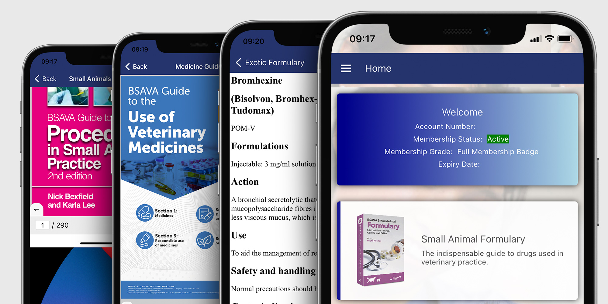 Four screenshots of different areas of the BSAVA App 2023